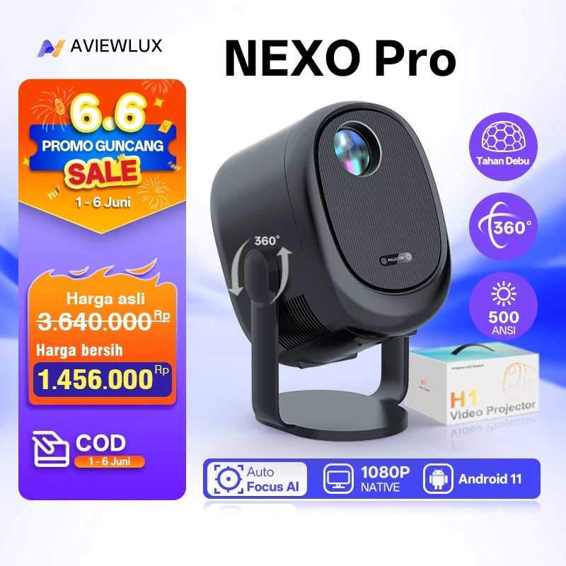 AVIEWLUX NEXO Pro Smart Proyektor Gimbal - Android TV 9 - 500 ANSI 1080P FHD - Optical Engine Kedap Debu - WiFi 6 Bluetooth 5.2 - Auto Focus -youtube-youtube- LCD - Projector Portable