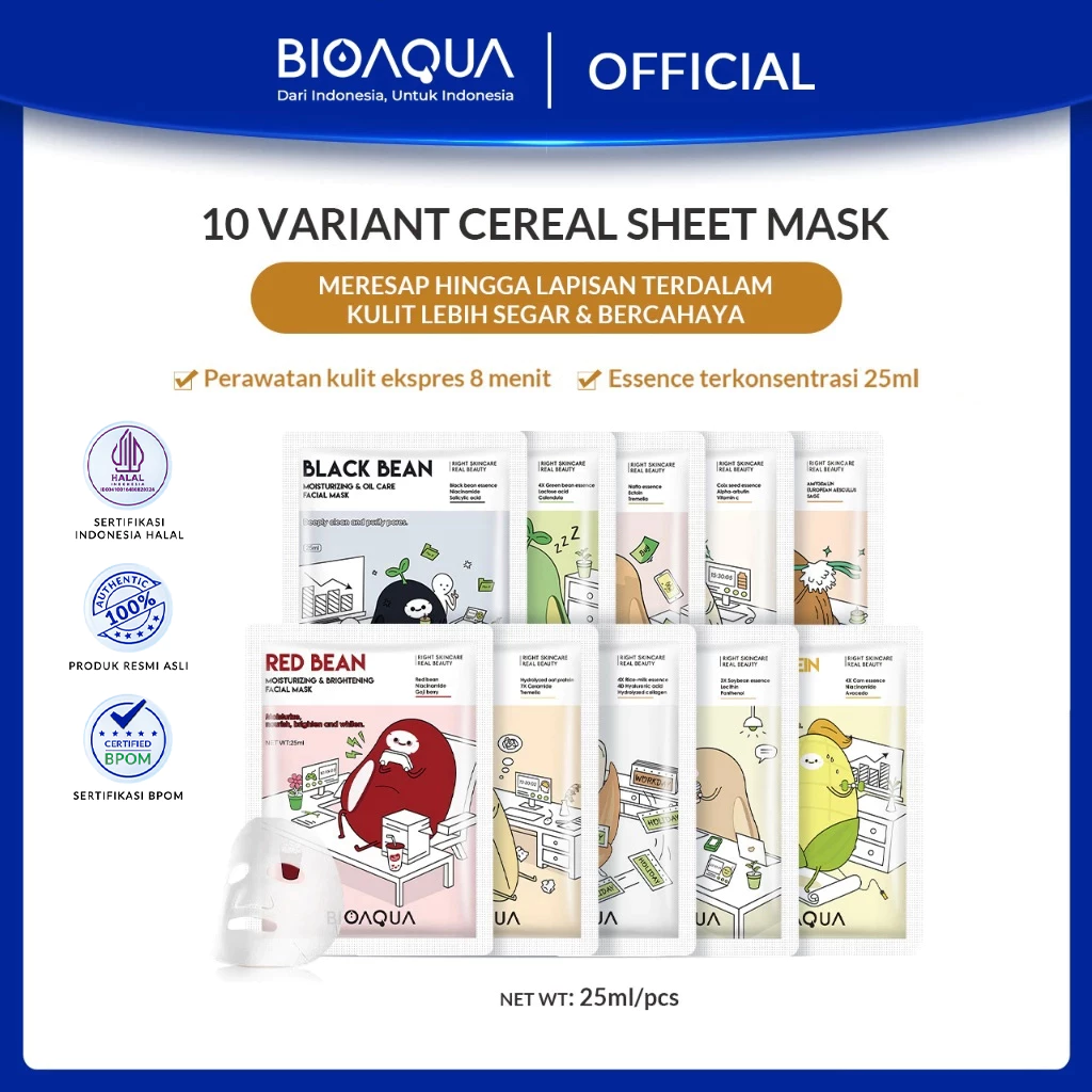 BIOAQUA Masker Wajah Cereal Sheet Mask & Biji Buah Face Mask 25ml Masker Muka Glowing Rice-Milk/Oat/Red Bean/Com Protein/Soybean Whitening & Firming & Delicate Skin & Brightening & Moisturizing Masker Organik BPOM