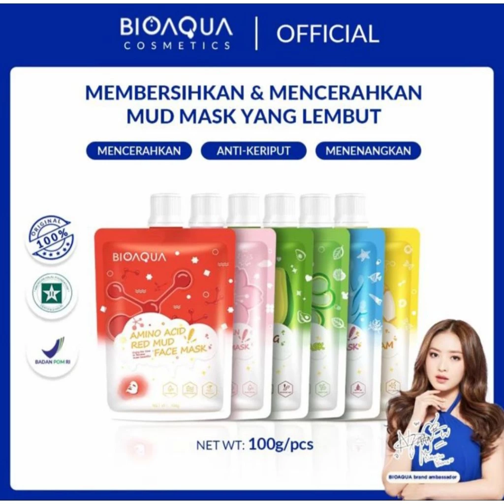 BIOAQUA Cosmetics Cleansing Brightening Clay Mask Masker Wajah Clean Clay Mask 100 gr Original Bpom