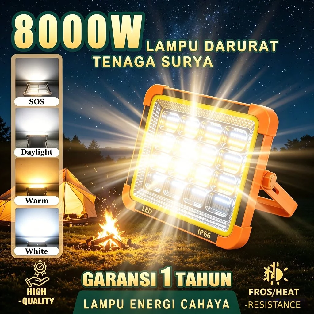 Lampu Tenaga Surya 12000W 10000W 8000W  6000W LED 12500mAh Lampu Darurat Portable Solar Panel IP66 Waterproof Bisa Cas HP Outdoor Camping Lampu Sorot Super Terang 4 Mode Cahaya Garansi 1 Tahun
