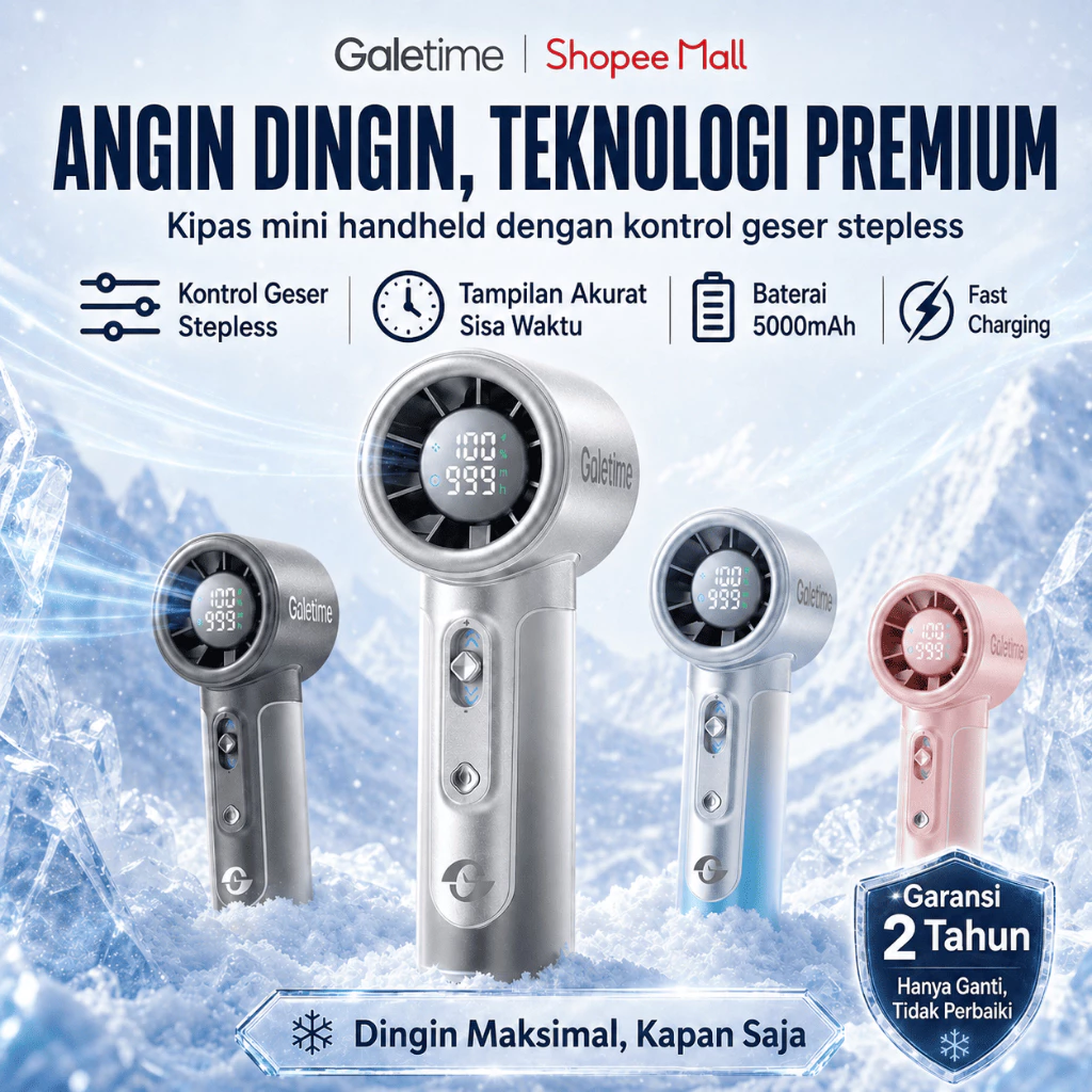 Galetime Kipas Angin Genggam Mini Portabel Layar Digital 5000mAh Penyesuaian Angin 1-100 Tingkat