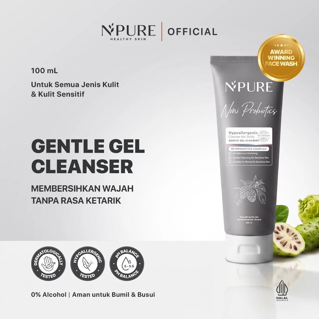 NPURE Gentle Gel Cleanser Noni / Sabun Muka Kulit Sensitif / pH Balance / Low pH / Microbiome / Skin Barrier / No SLS SLES Alcohol Fragrance / Pembersih Wajah / Facial Wash / Hypoallergenic / Dermatologically / Aman Bumil Busui bayi newborn / HALAL