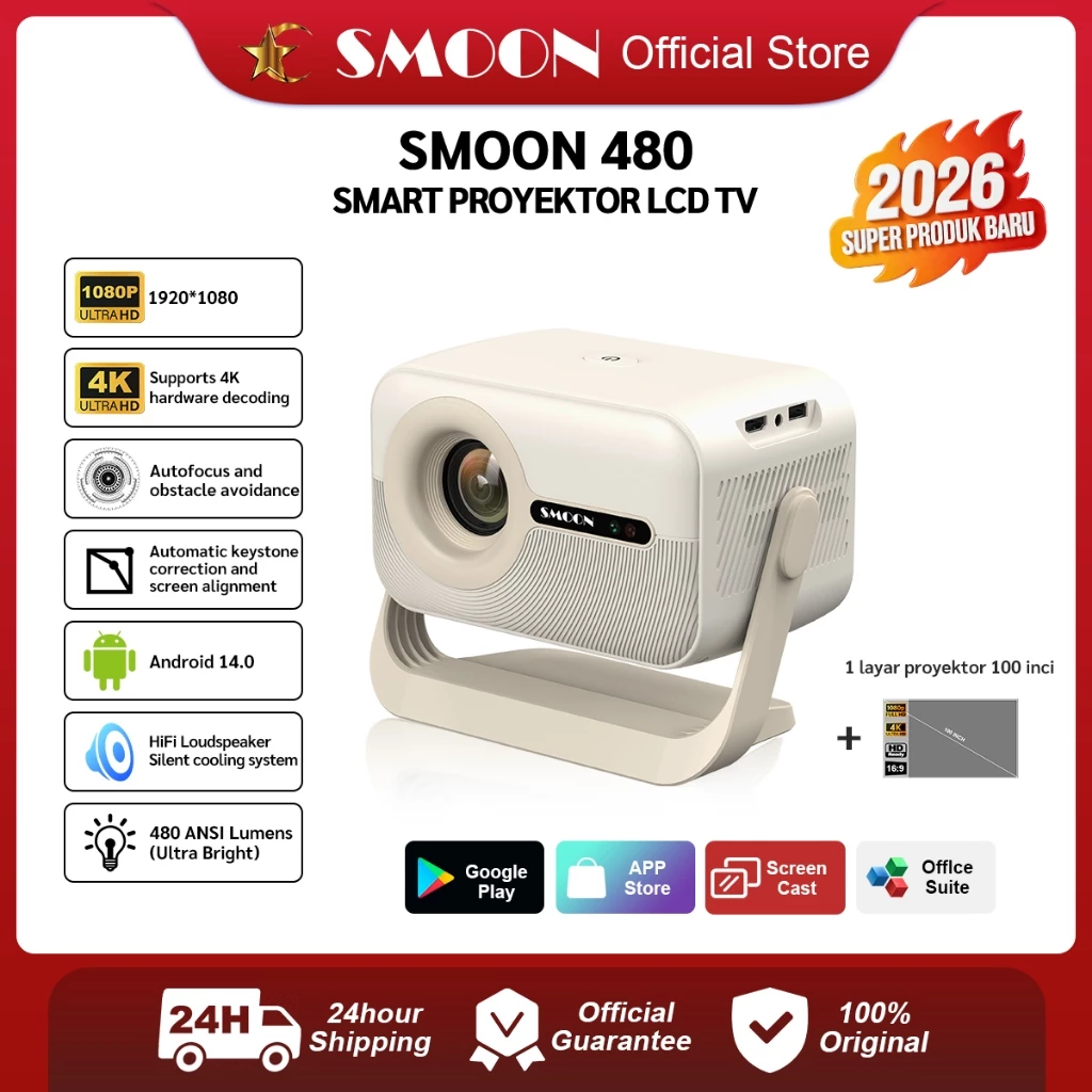 SMOON 480 Smart Projector LCD TV - Proyektor Pintar - 480 ANSI Lumens - TV Android - Fokus Otomatis - Netflix - Google TV - YouTube - Include Kabel HDMI