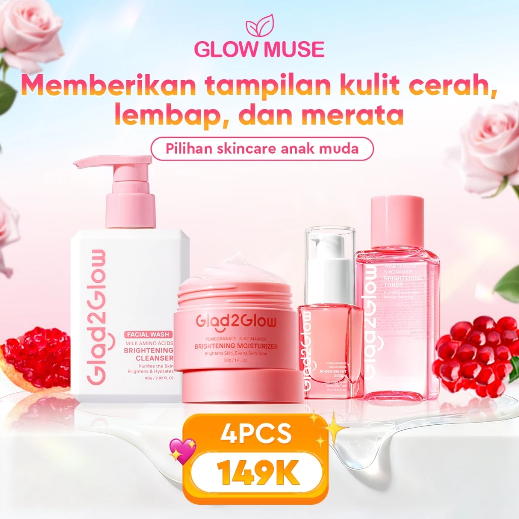 Glad2Glow GLOWING SET 4IN1 all in 1 -2/3/4PCS Milk Cleanser+Brightening Moisturizer+Brightening Serum+Brightening Toner Niacinamide paket pembersih perawatan kulit mencerahkan warna kulit pelembab wajah