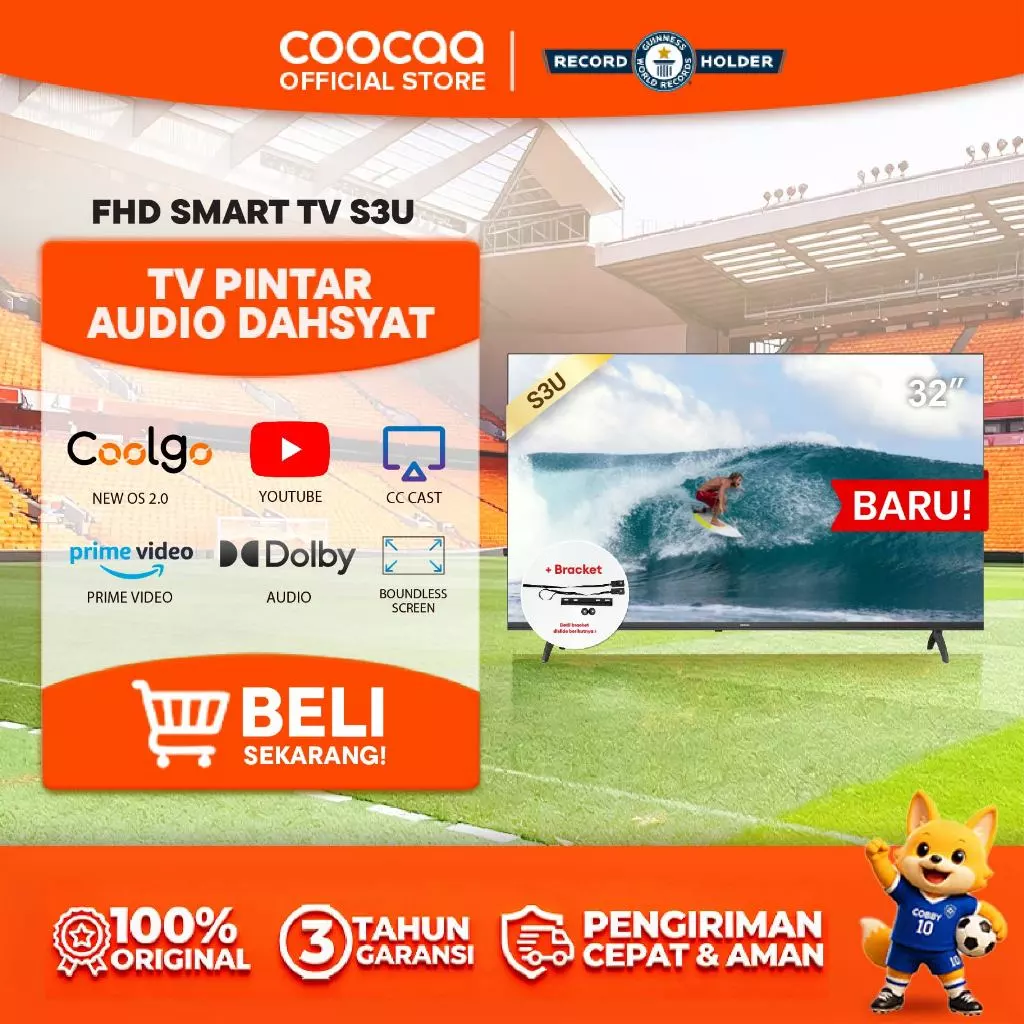 [+ BRACKET] COOCAA 32 inch Smart TV S3U - Digital TV - Dolby Audio - Youtube - Mirroring -  Flick Free - Boundless -Browser - WIFI - HD - USB/AV/LAN - OS Coolita (COOCAA 32S3U)