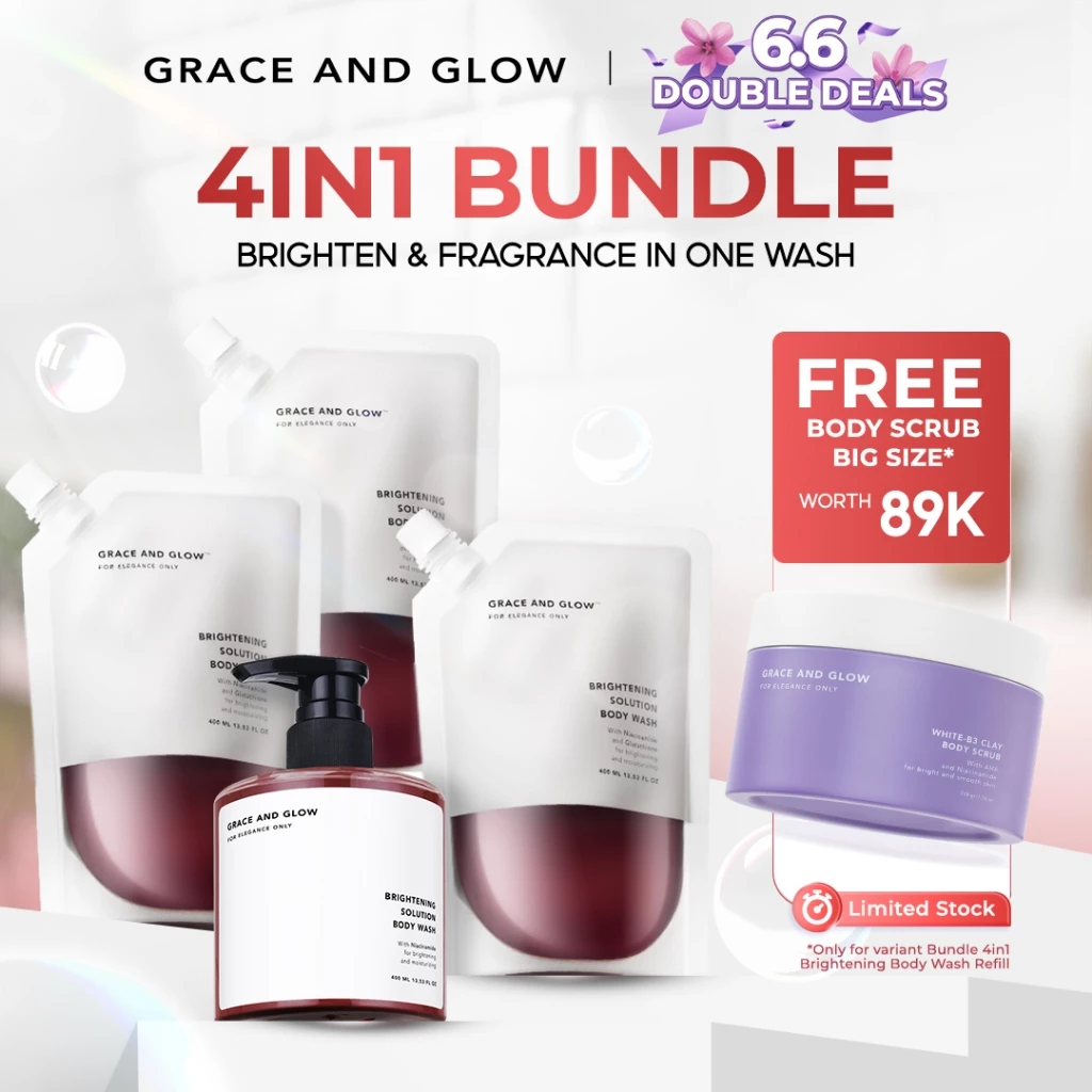 [FREE BODY SCRUB] Grace and Glow Bundle Brightening Body Wash Refill | Shower Gel Sabun Mandi Cair Mencerahkan Kulit dan Melembabkan Kulit with Niacinamide + Glutathione dengan Wangi Parfum Mewah | Body Soap Kemasan Pouch Isi Ulang [BPOM]