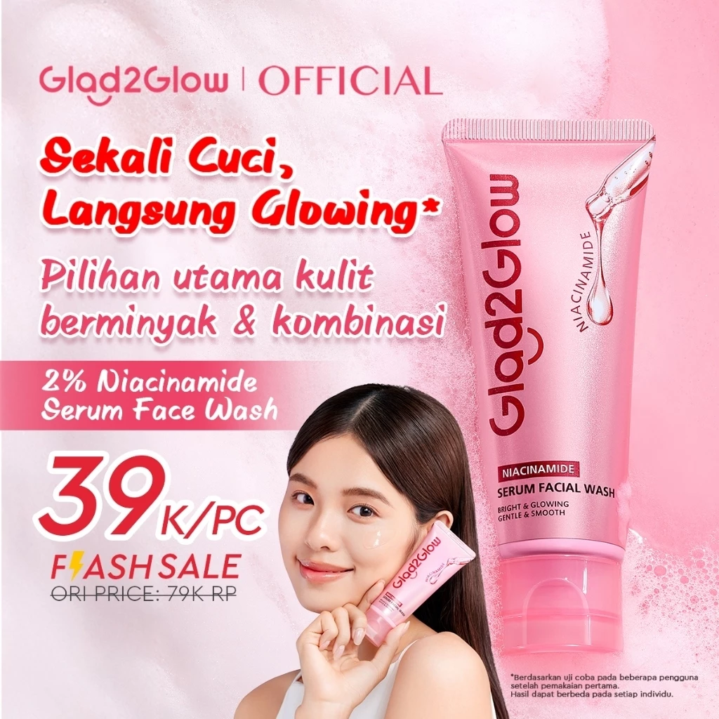 Glad2Glow Niacinamide Serum Facial Wash Instant Glow70g/100g,Pencuci Wajah Brightening,Pembersih Pori,Ceramide Ectoin Sakura,Untuk Kulit Kusam Berminyak dan Sensitif,Melembabkan,pembersih wajah,sabun cuci muka,skincare,G2G Cleanser