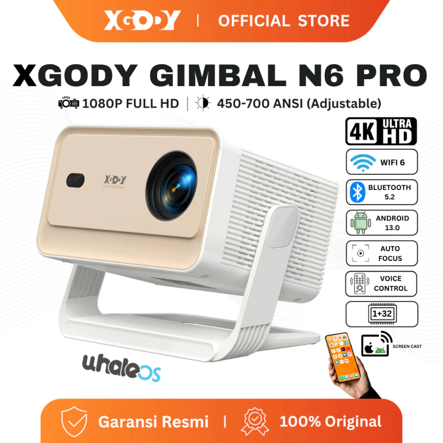 XGODY Gimbal N6 Pro Smart Proyektor LCD - Android13-FHD 1080P-WhaleOs System-Voice Control-700 ANSI