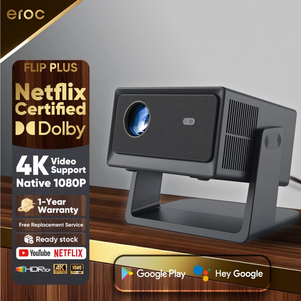 Eroc Flip Plus Smart Projector Android TV 14 Native 1080P 4K WiFi 6 Auto Focus Dolby Google Assitant