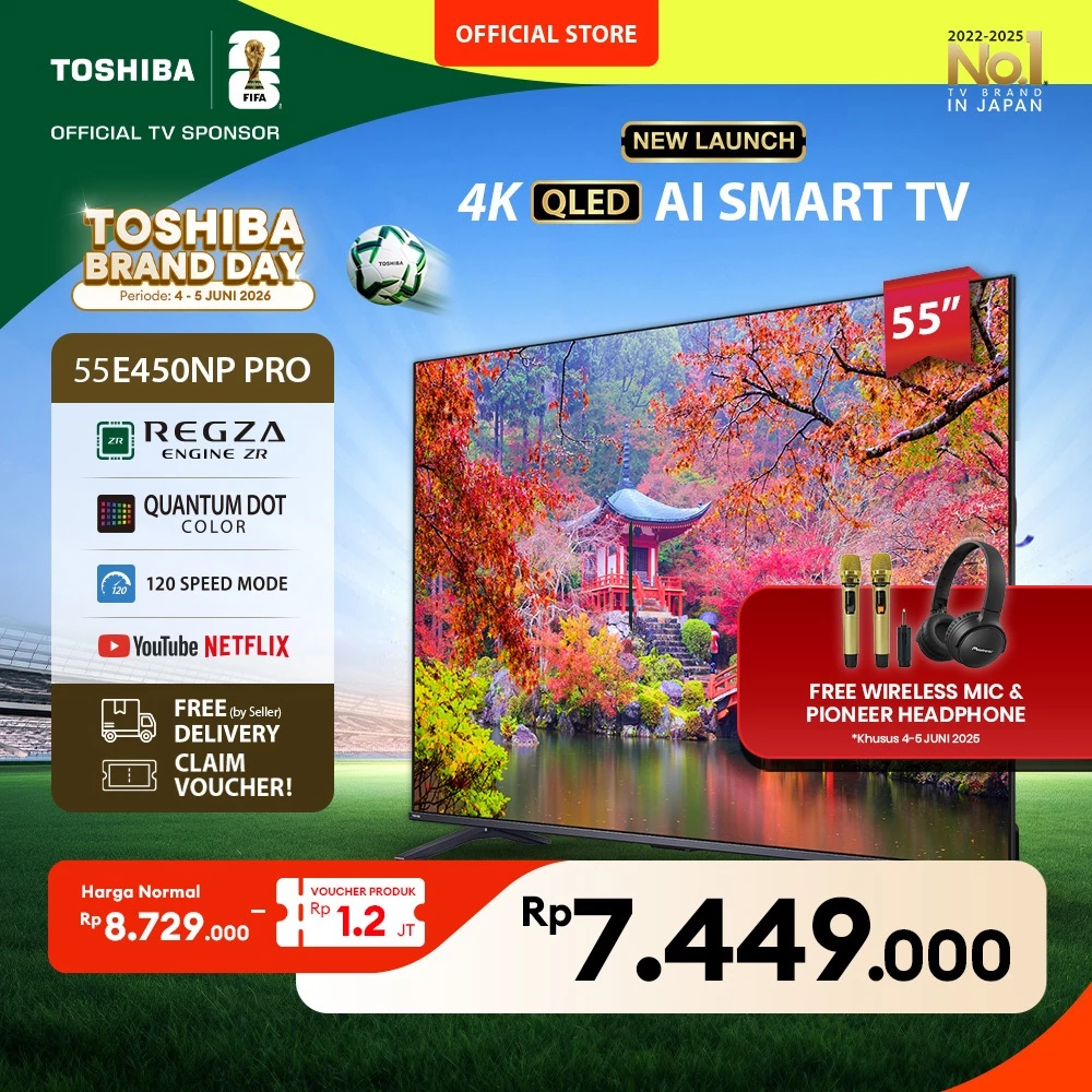 [AI 4K QLED] [KHUSUS ONLINE] Toshiba TV 55" 4K UHD QLED AI Smart TV PRO - Regza ZR Quantum Dot Dolby Vision Atmos Far Field Voice HDR10+ MEMC VRR ALLM Netflix Disney+ Youtube Screen Sharing Voice Control Wifi Bluetooth 5.0 HDMI 2.1 Digital - 55E450NP PRO