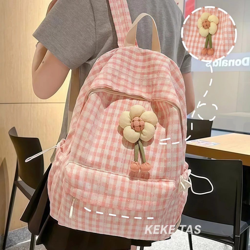 Bunga Gratis Tas Ransel Wanita Lucu Pink Kotak-Kotak Fashion Terbaru Ins Manis Korea Cantik Import Premium Backpack Tas Punggung Anak SMP SMA Remaja Tas Sekolah Perempuan Laptop Tahan Lama Ransel Siswa Travel Casual Tas Cewek Serbaguna Kapasitas Besar