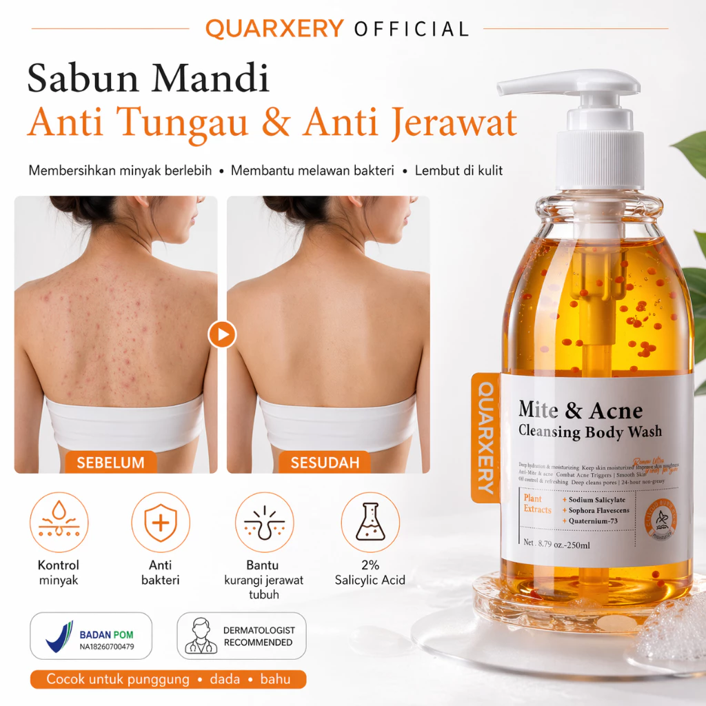 [BPOM]QUARXERY Anti Acne Body Wash Salicylic Acid Sabun Mandi Cair Jerawat Punggung & Tungau Deep Cleansing & Gatal 250ml