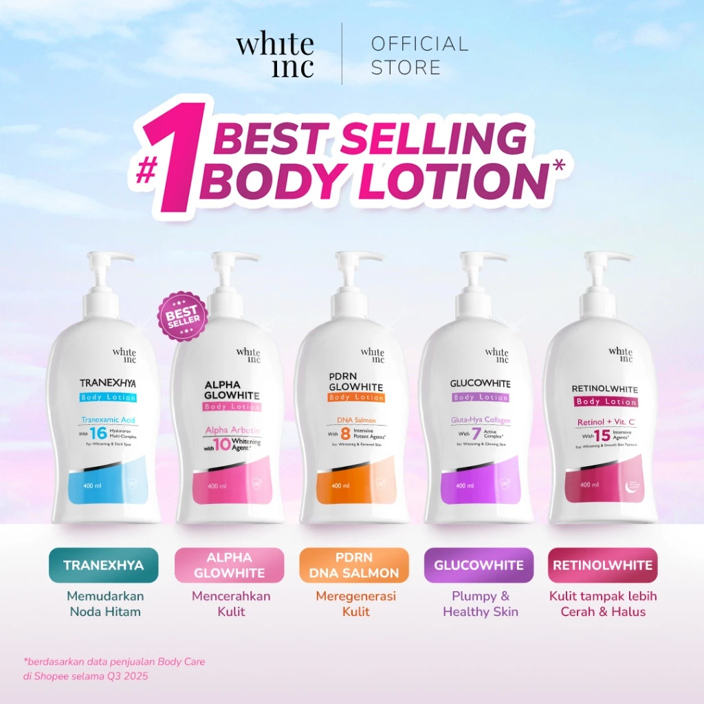 White Inc Body Lotion 400ml - Alpha Glowhite PDRN DNA Salmon Glucowhite TranexHya Retinolwhite Body Lotion untuk Perawatan Kulit Optimal dan Kelembutan Sehari-hari