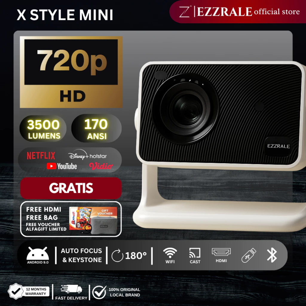 EZZRALE Smart Proyektor LCD Android X-STYLE MINI 720P 170 ANSI Smart Android Projector FREE BAG WIFI WIRELESS