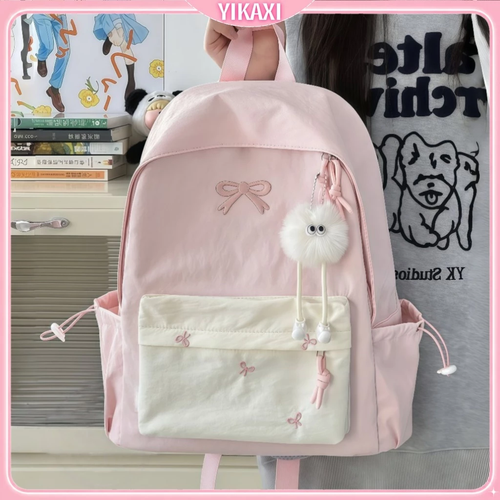 [COD] Tas Ransel Wanita Pink Korean Style Tas Sekolah SD SMP SMA Kuliah Aesthetic Kapasitas Besar Muat Laptop Backpack Cewek Anti Air Pita Bordir Lucu Trendy