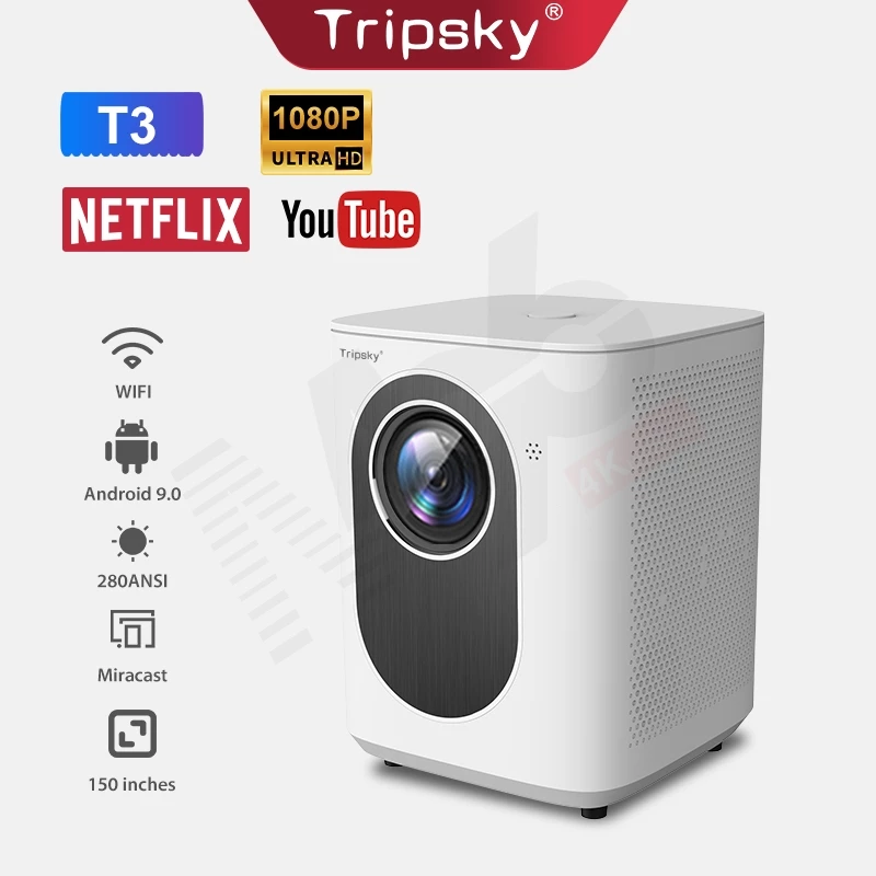 Tripsky T3 Smart Projector 280ANSI 6000 Lumen 4K HD Proyektor LCD Android Proyektor