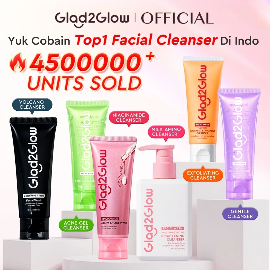 Glad2Glow Facial Wash All Series-Pembersih low pH lembut,pembersih niacinamide pencerah,pembersih jerawat BHA,pembersih lumpur vulkanik,pembersih angkat komedo,pembersih eksfoliasi,pembersih asam amino,pembersih wajah sabun cuci muka face wash skincare