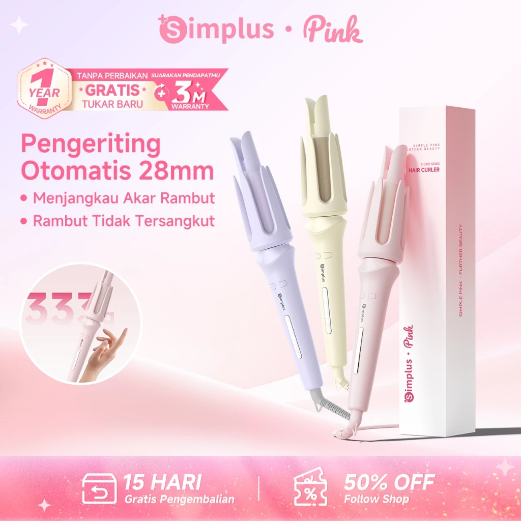 SimplusPink 28mm Catokan Keriting Otomatis  LED 3 Tingkat suhu Hadiah Ulang Tahun catokan curly