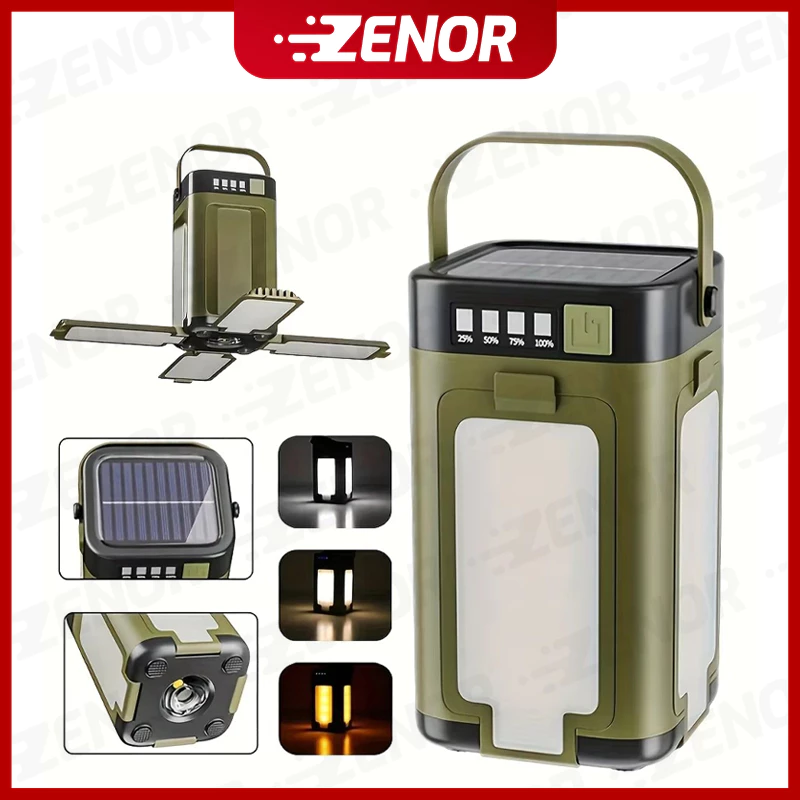 Lampu Camping LED Solar Lipat 4 Daun Lentera Tenda Outdoor Emergency Powerbank Multifungsi Type-C Senter Gunung
