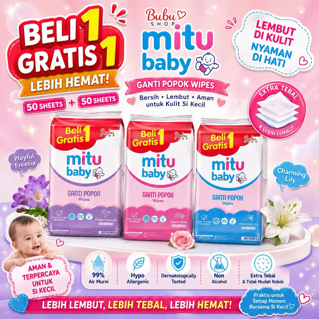Tissue basah / wipes tisu MITU baby ganti popok 50 sheets beli 1 GRATIS 1