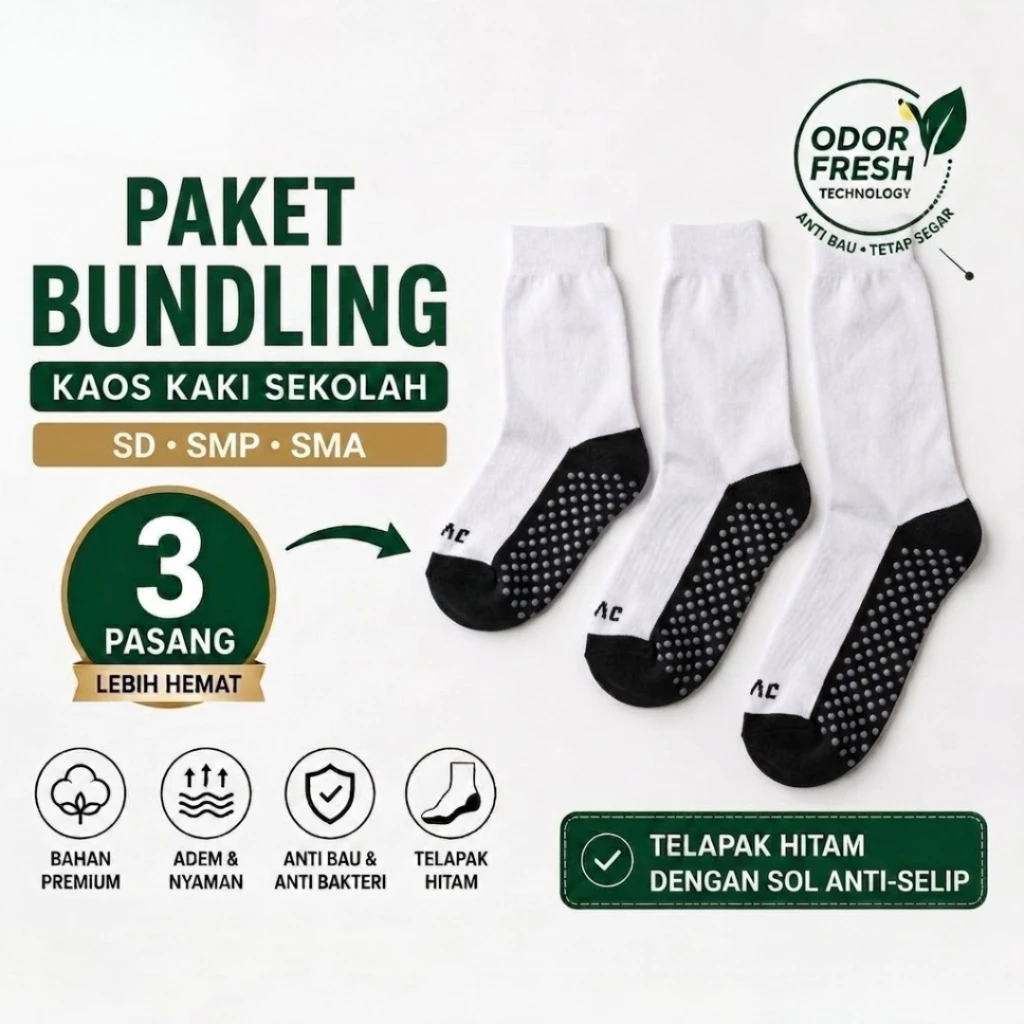 Kaos Kaki Sekolah Antislip Anak Premium Quality SD SMP SMA Putih Telapak Hitam Isi 3 Pasang Nyaman Dipakai Seharian,Tidak mudah kotor, Tidak Licin dan Anti bau