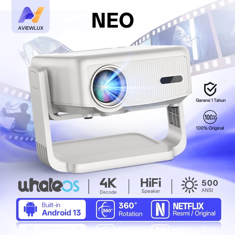 AVIEWLUX NEO Smart Proyektor LCD - Netflix Resmi Certified - 1080P Full HD - Android TV 13 - 500 ANSI - WiFi 6 & Bluetooth 5.2 - Gimbal 360° Portable Projector