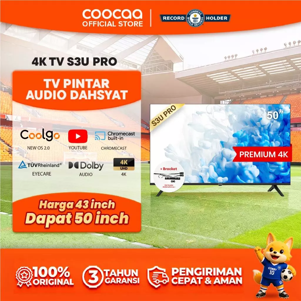 COOCAA 50 inch S3U PRO Smart TV - Digital TV - 4K - UHD - Dolby Audio - Youtube - Mirroring - Boundless -Browser - WIFI - HD - USB/AV/LAN - HDR10 (COOCAA 50S3U PRO)
