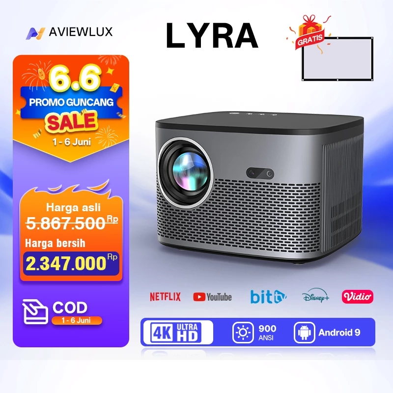 AVIEWLUX LYRA Smart Proyektor LCD - Android 9 - 900 ANSI  - 4K Decoding - WiFi 6 & Bluetooth 5.2 -Portable Projector-proyektor & layar proyektor-home theater polytron terbaru-6