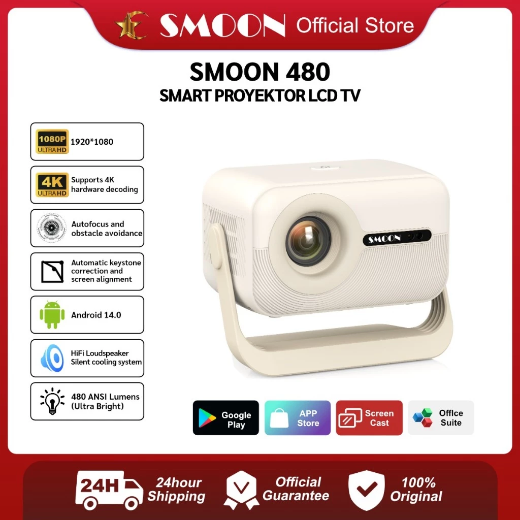 SMOON 480 Ultra Smart Projector LCD TV - Proyektor Pintar - 480 ANSI Lumens - TV Android - Fokus Otomatis - Netflix - Google TV - YouTube - Include Kabel HDMI