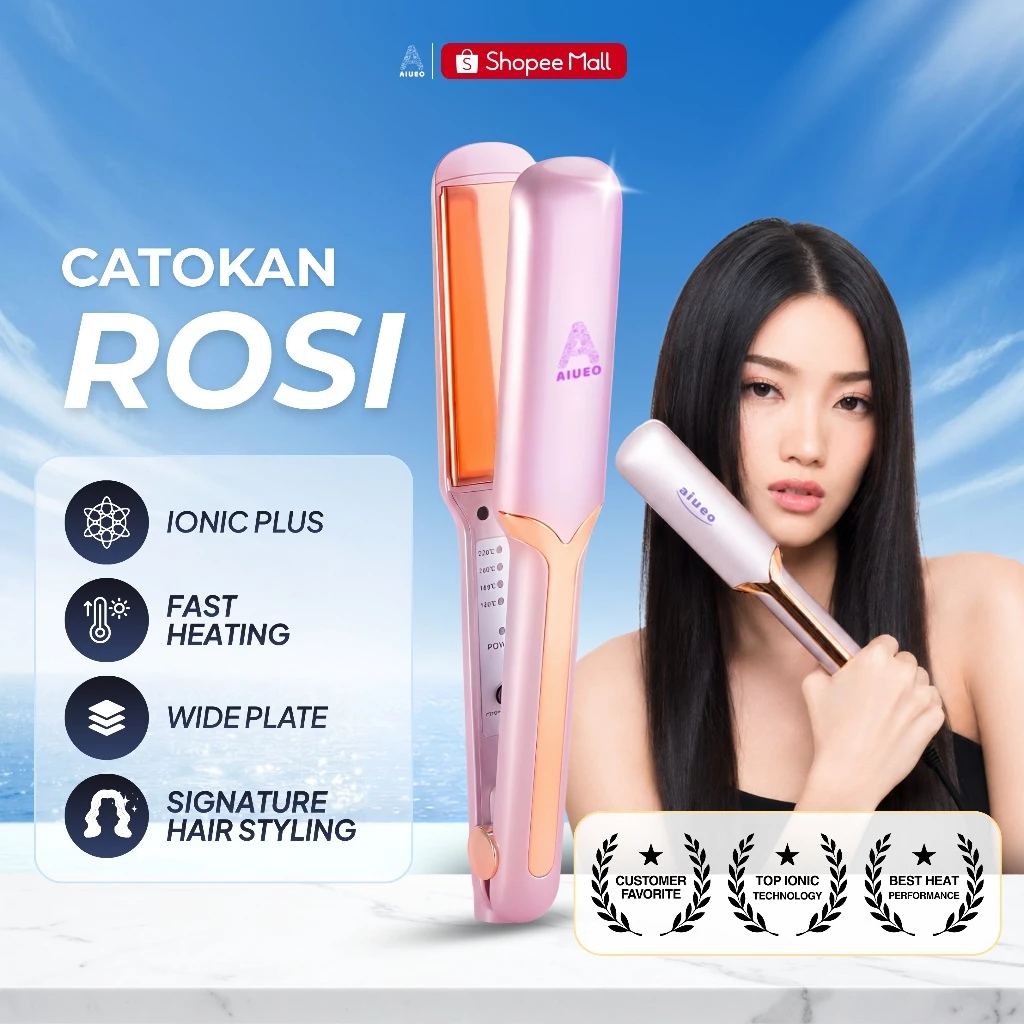 AIUEO Catokan Rambut Rosi 459 Catok Rambut 3in1 220°C Nano Silver Hair Straightener - Curly - Blow Warna Pink