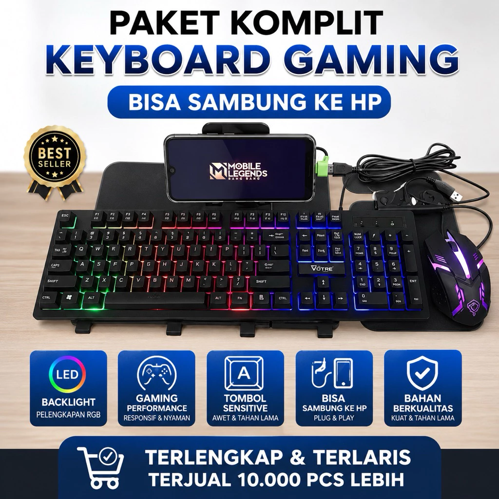 Keyboard Gaming RGB + Mouse Paket Komplit - Keyboard Gaming USB untuk PC Laptop HP Android