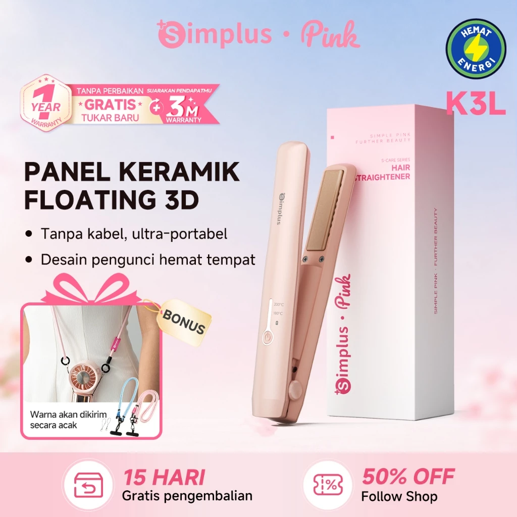 SimplusPink Cordless 18mm catokan rambut Hair Straightener 2in1 catok Pelurus Tanpa Kabel Portabel