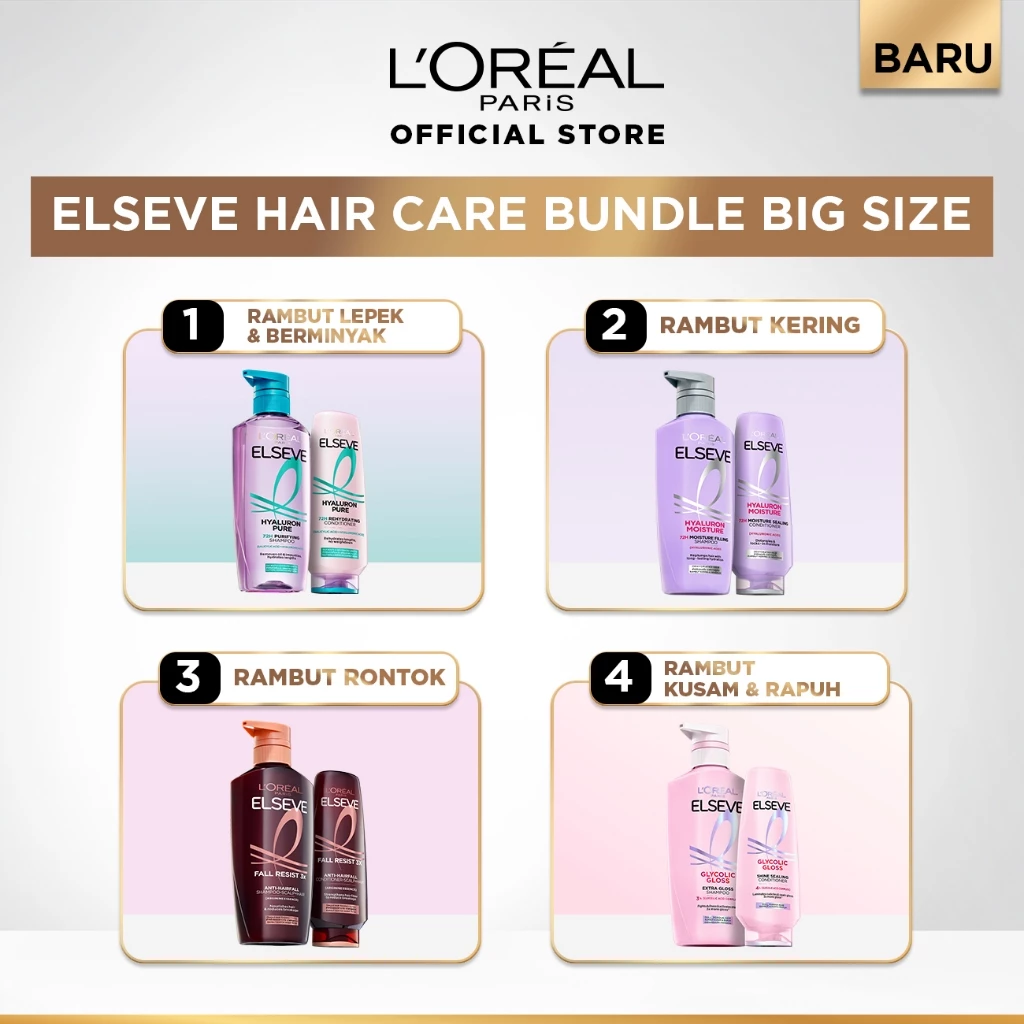 [PAKET HEMAT 2PCS] Elseve Hair Care Shampoo + Conditioner | Perawatan Rambut Kering, Rontok, Rusak, Lepek & Berminyak | Hair Treatment for Dry, Damaged, Hair Loss, Greasy, Oily | Hyaluronic Acid | Salicylic Acid | Ceramide
