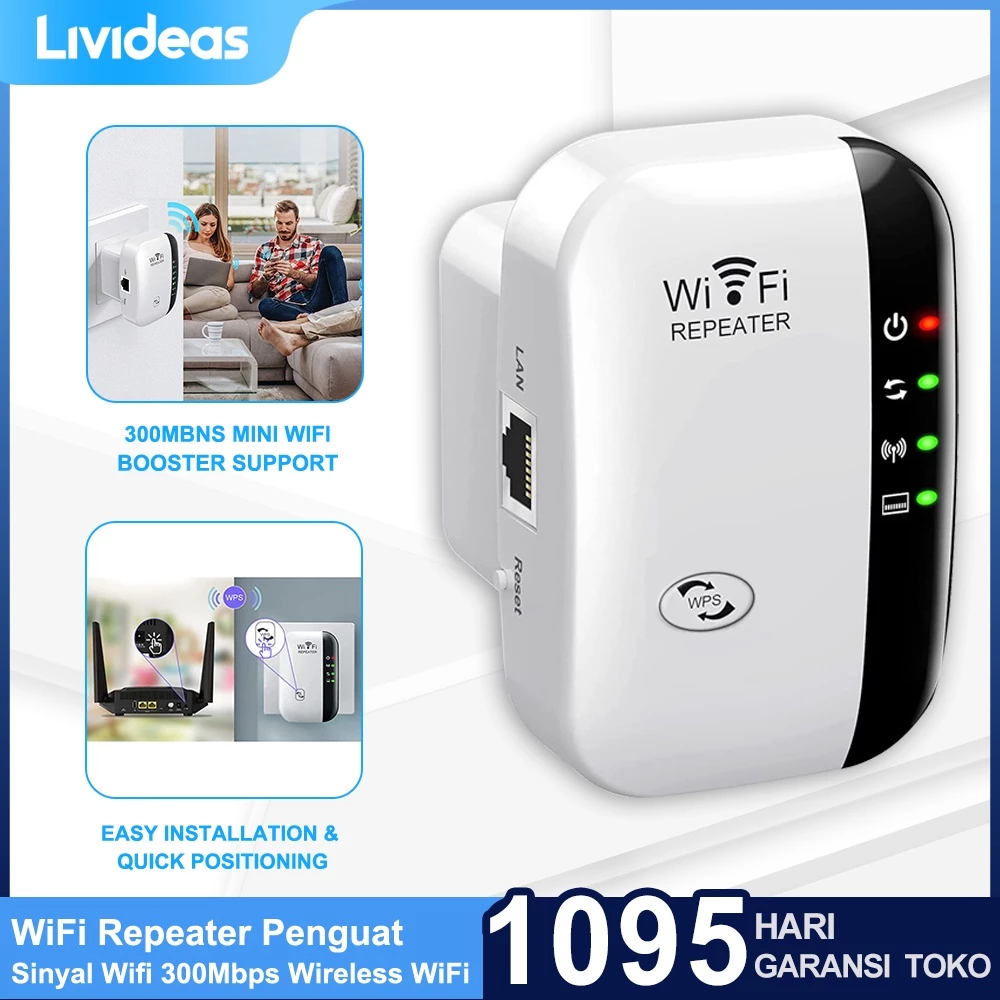 Livideas WiFi Repeater Penguat Sinyal Wifi 300Mbps Wireless WiFi Signal Range Extender 802.11N/B/G