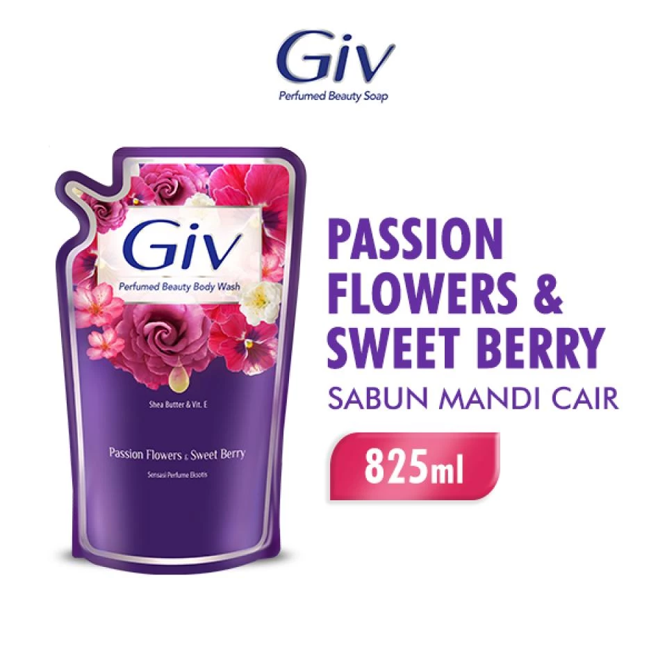 Giv Sabun Mandi Cair Ungu Passion Flowers & Sweet Berry Pouch 825 ml