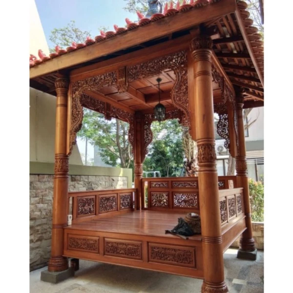 Gazebo Gasebo Ukiran Kayu Jati 2X2 M Atap Genteng Best Seller