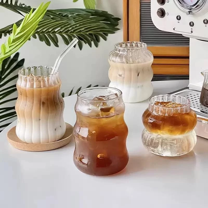 Gelas Kopi Wavy Gelas Minum Cafe Kaca Stripe Ripple Elegan Aesthetic