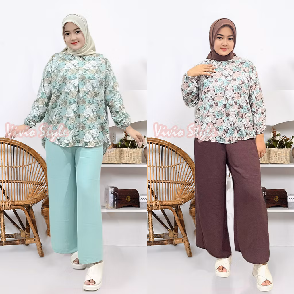 VIVIO STYLE - One Set Lengan Panjang Wanita Busui Friendly Atasan Katun Celana Kulot Crinkle Kekinia
