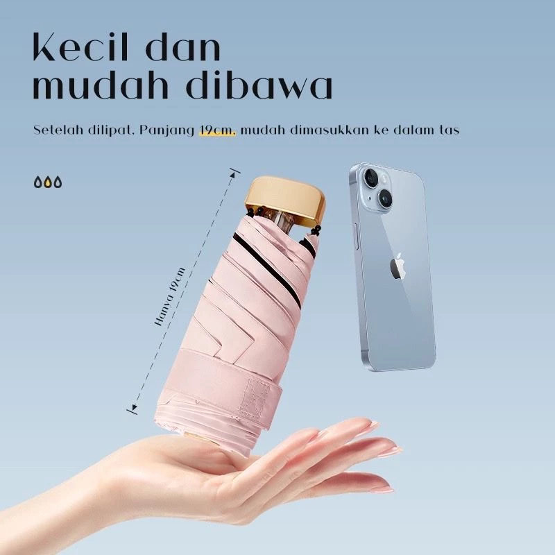 Payung Lipat Anti UV UPF 50+ Motif Polos Folding Umbrella Ultra Violet Payung  Hujan atau Panas Free Pouch