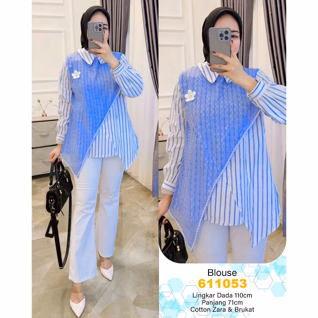 EXTU HERITAGE - NAILA Blouse Motif Salur Kombinasi Brukat, Atasan Wanita Stylish All Size - 611053,