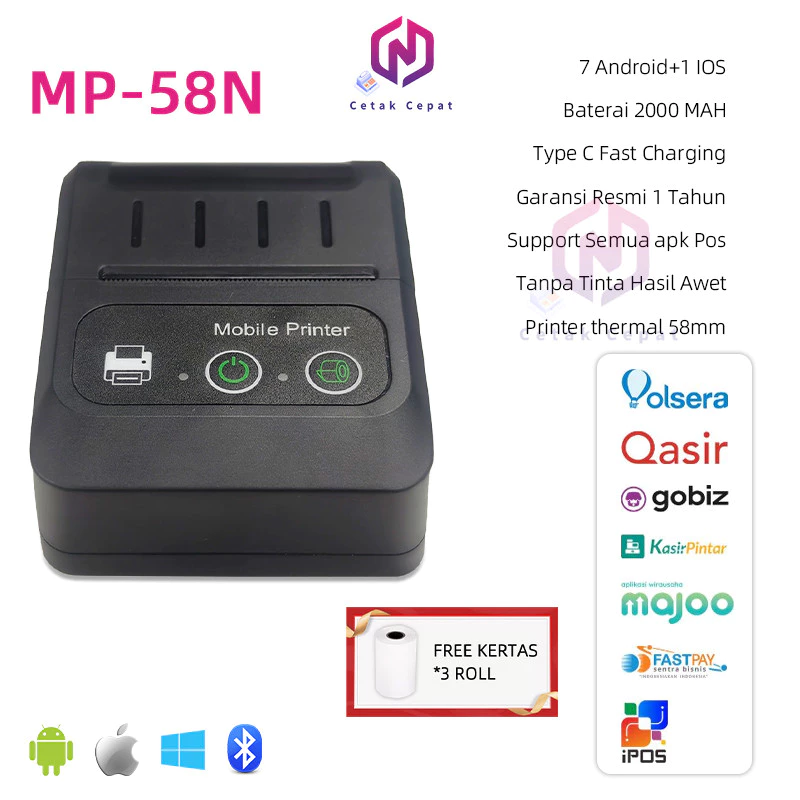 PRINTER BULETOOTH MINI PRINTER KASIR 58mm Printer Thermal support Android/ios/Windows Bluetooth +USB free gift 1 roll kertas