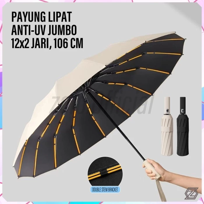 [zolo] Payung Lipat Anti UV Otomatis Jumbo 12 x 2 Rangka Double Stem Bracket / Payung Golf Lipat 106 CM