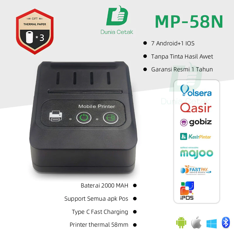 PRINTER KASIR 58mm Printer Thermal alat print resi support Android/ios/Windows Bluetooth +USB free gift 3 rol kertas