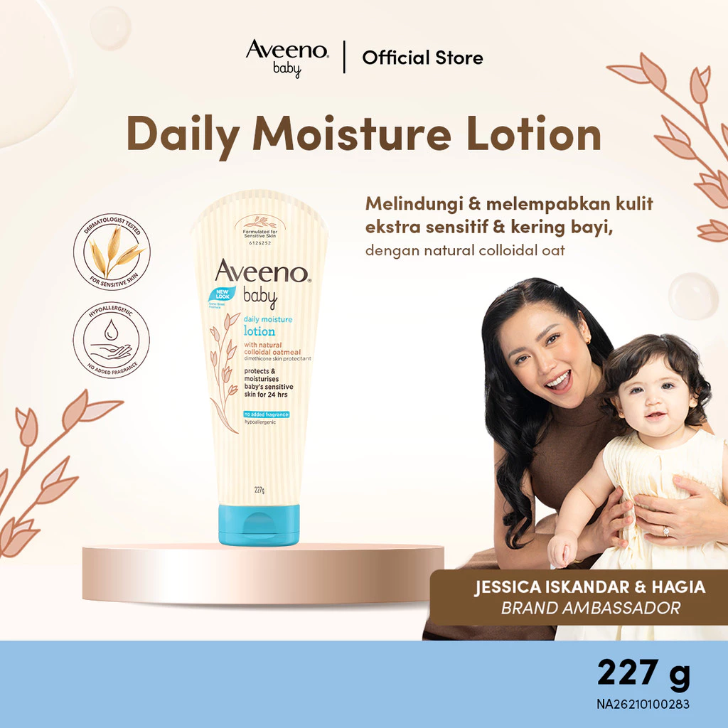 Aveeno Baby Daily Moisture Lotion 227g - Losion Pelembab Kulit Kering & Sensitif Bayi Hingga 24 Jam dengan Natural Colloidal Oatmeal