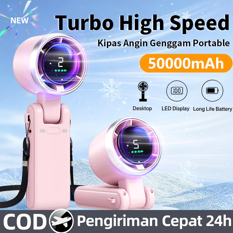 50000Mah 2026 Kipas turbo  Kipas Angin Portable Kipas Angin Mini  High-speed  Kipas Kecepatan dilipat Digital Display Adjustable Led 20000RPM Strong 72H Kipas Turbo Angin Portable USB kipas tangan TYPE C