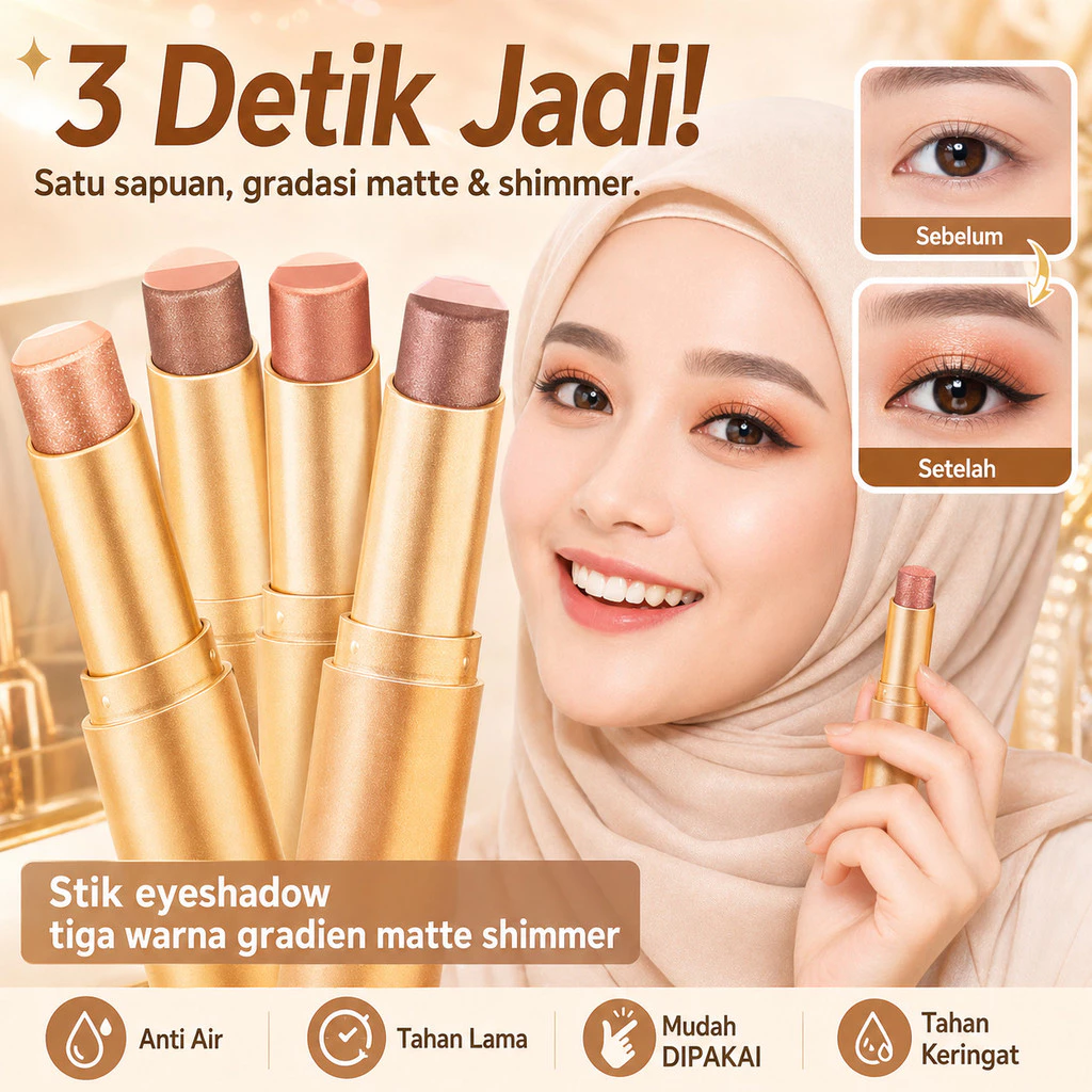 3 Detik Jadi Stik Eyeshadow Tiga Warna Dengan Glitter Gradien - Tahan Air Dan Anti Noda/Eyeshadow Stick Matte Shimmer Waterproof/ Eye Shadow Gradasi Tahan Lama/Tahan Lama 12 Jam/COD