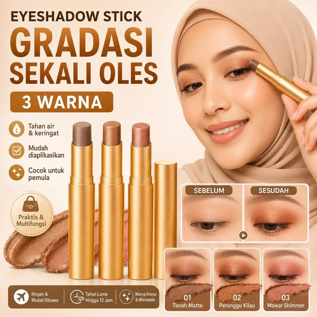 COD/Waterproof Stik Eyeshadow Tiga Warna Dengan Glitter Gradien/Eyeshadow Stick Triple Warna Glitter Emas Tahan Lama/Eyeshadow Stick Glitter/Stik Eyeshadow 3 Warna/Stik Eyeshadow 3 Warna Gradien Matte Kilap Halus