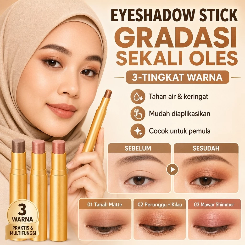 COD/Waterproof Stik Eyeshadow Tiga Warna Dengan Glitter Gradien Mudah Diaplikasikan/Stik Eyeshadow 3 Warna/Eyeshadow Dengan Glitter/Stik Eyeshadow 3 Warna Gradien Matte Kilap Halus/Eyeshadow Stick Glitter