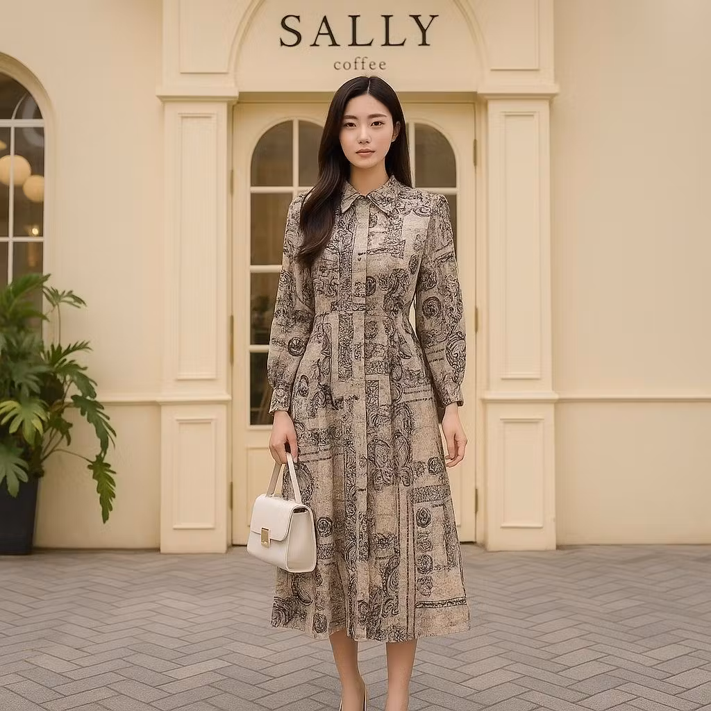 NJW - Dress Helena Wanita Midi Gaun Kasual Lengan Panjang Motif Elegan untuk Tampilan Stylish