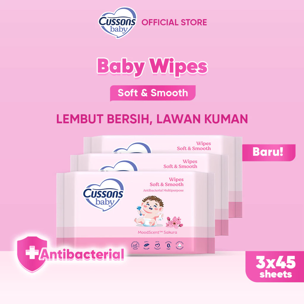 Cussons Baby Wipes Soft & Smooth-Tisu Basah Bayi-Ganti Popok 45's X3